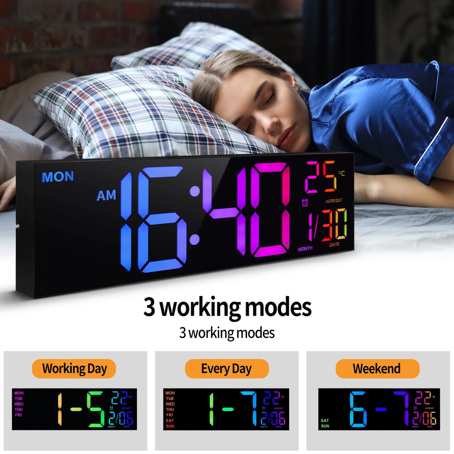 Digital Wall Clock With Large LED Display And Remote 16 Inch 9 Color Modes Night Light For Living Room-A