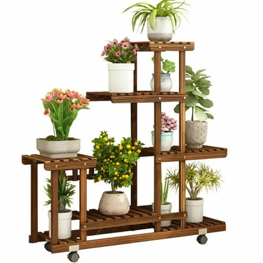Wisfor 5 Tier Wooden Plant Stand On Wheels Indoor Outdoor