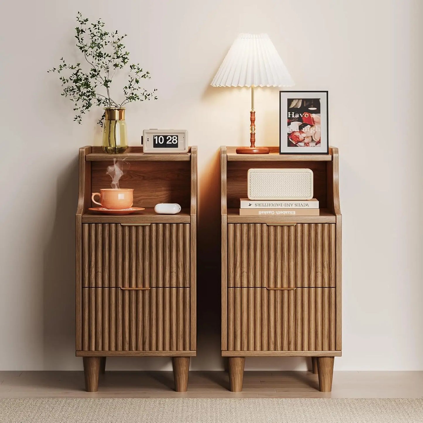 Frame Slim Nightstand Twin Set Of 2 With 2 Drawers Bedside Tables For Small Spaces-A