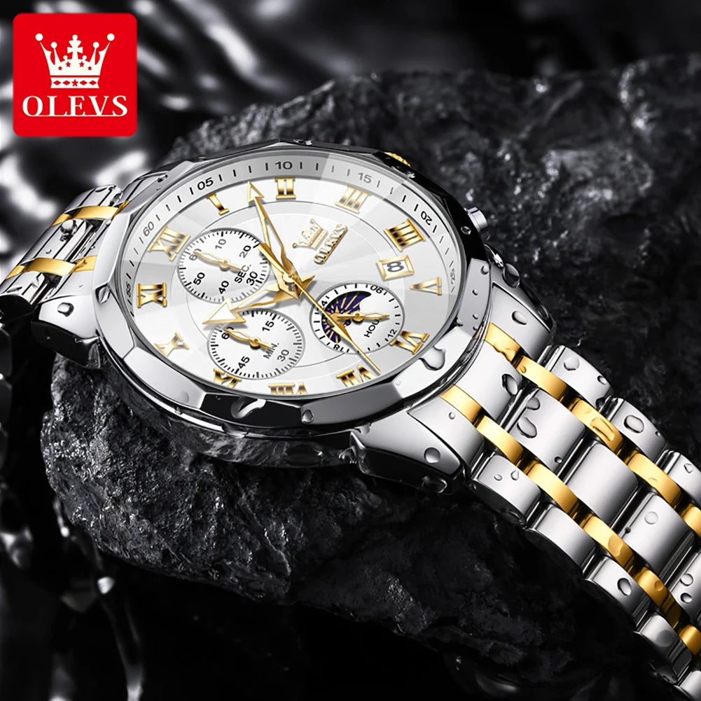OLEVS Men's Chronograph Moonphase Watch Stainless Steel Waterproof With Quartz Movement Auto Date Full Calendar-A