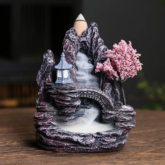 Backflow Incense Holder Resin High Mountain Waterfall Scene Zen Decor Aromatherapy Burner Art Gift-A