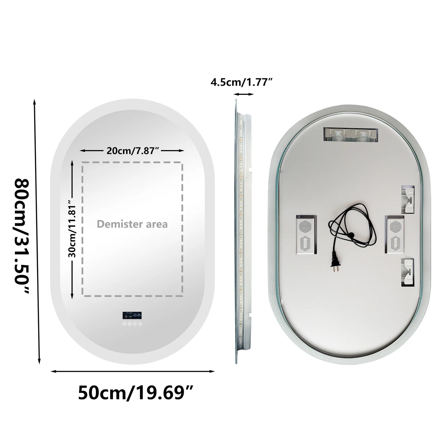 Oval LED Bathroom Mirror With Lights Anti Fog Bluetooth Speaker Dimmable 3 Color Temperature Levels Aluminum Frame-A