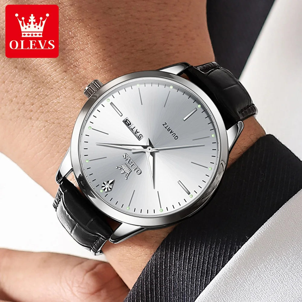 OLEVS Men Quartz Watch With Dual Calendar Auto Date Leather Strap Water Resistant Luminous Hands-A