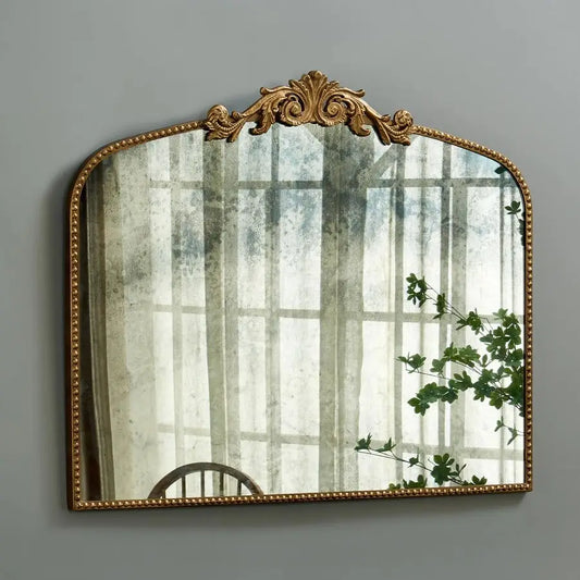 XMSJ Arched Antique Glass Mirror Ornate Gold Metal Frame