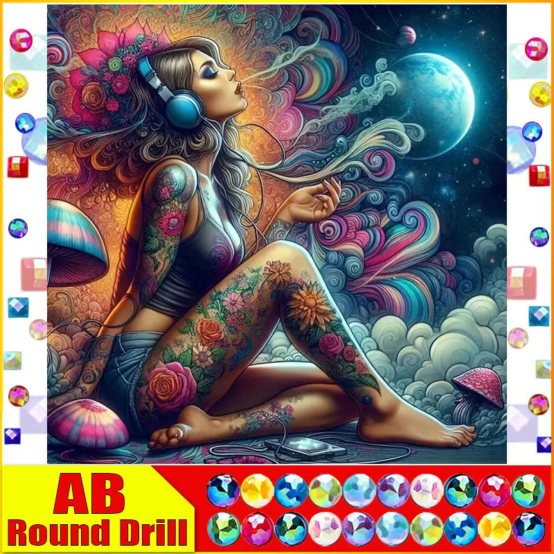 DiaPai Fairy Dust AB Diamond Painting Pattern Kit Woman Tattoo A Iridescent Wall Decor Portrait-A