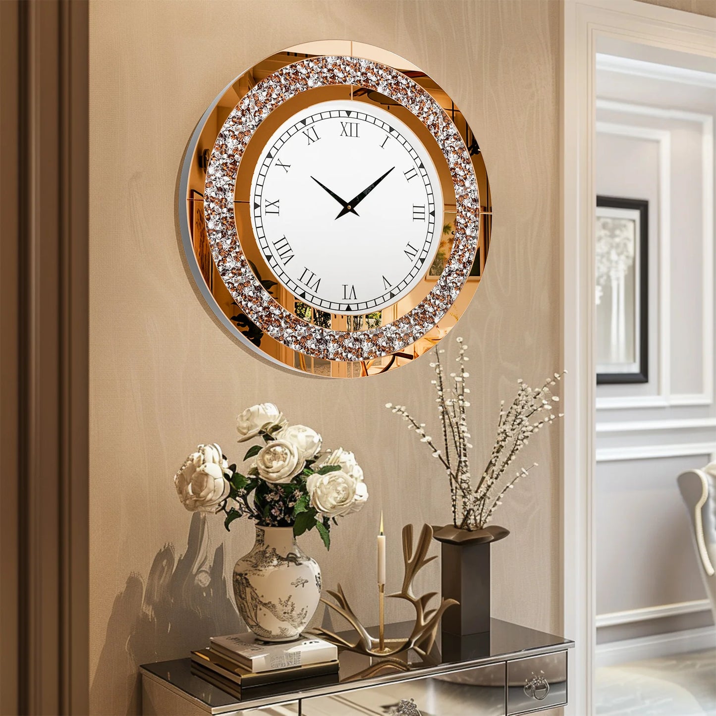 Crystal Sparkle Round Mirror Wall Clock With Beveled Edge Crushed Diamond Inlay And Roman Numerals For Living Room Decor-A