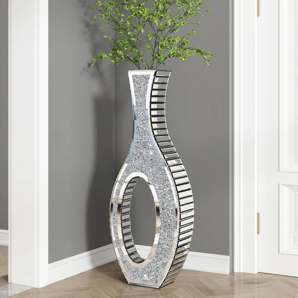 Crushed Diamond Mirrored Floor Vase For Pampas Grass Centerpiece Sparkle Glass Decor-A