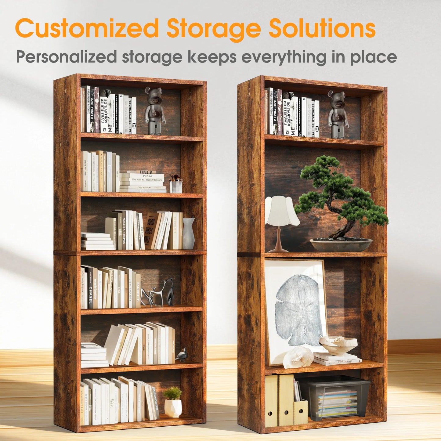 MCQ Wooden Bookcase With Open Shelves And Display Storage Six Shelf Unit For Books Photos And Collectibles-A