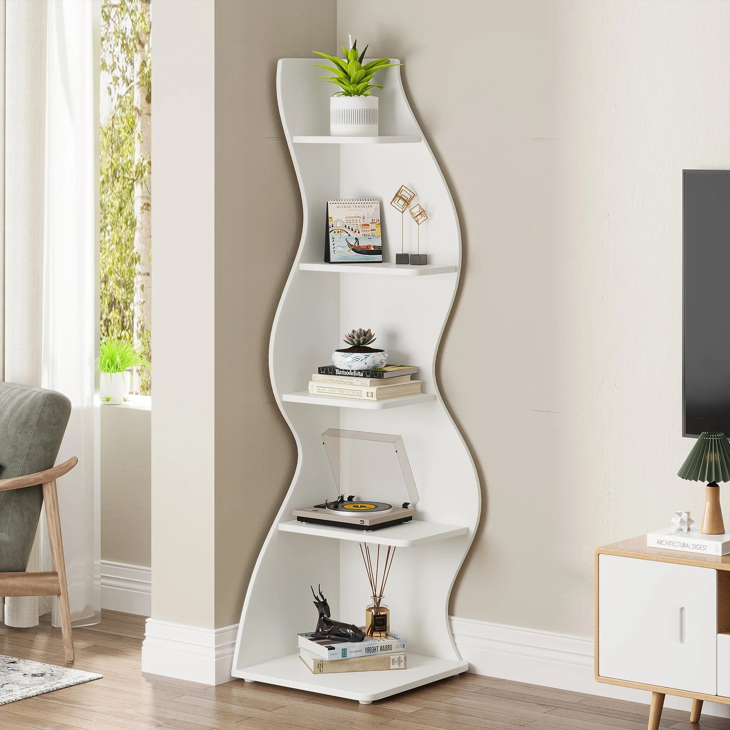 Tribesigns 5 Tier Corner Shelf Wall Organizer Bookcase Plant Stand White Finish Minimalist Modern Space Saver-A
