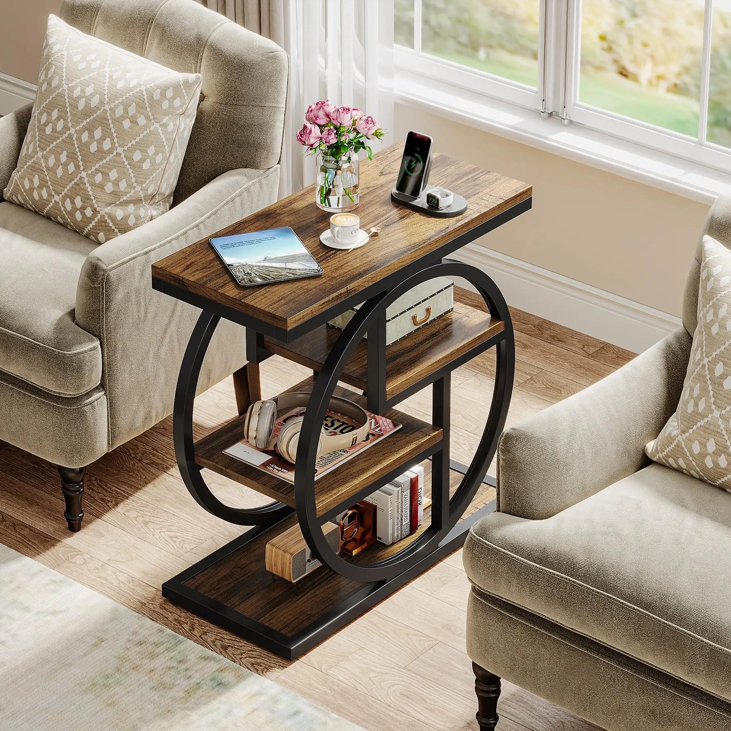 Tribesigns End Table With Storage Shelves For Living Room Industrial Rustic Compact Side Table-A