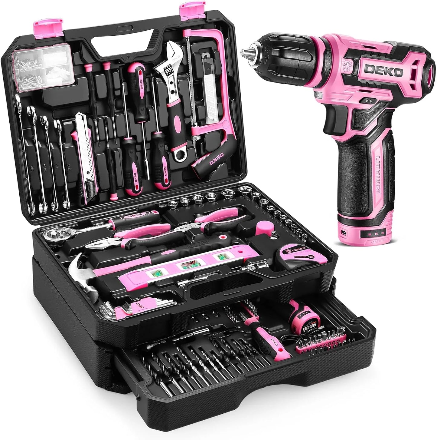 DEKO Home Mechanic Toolbox With 12V Cordless Drill Pink Portable Kit With 1.5Ah Battery-A