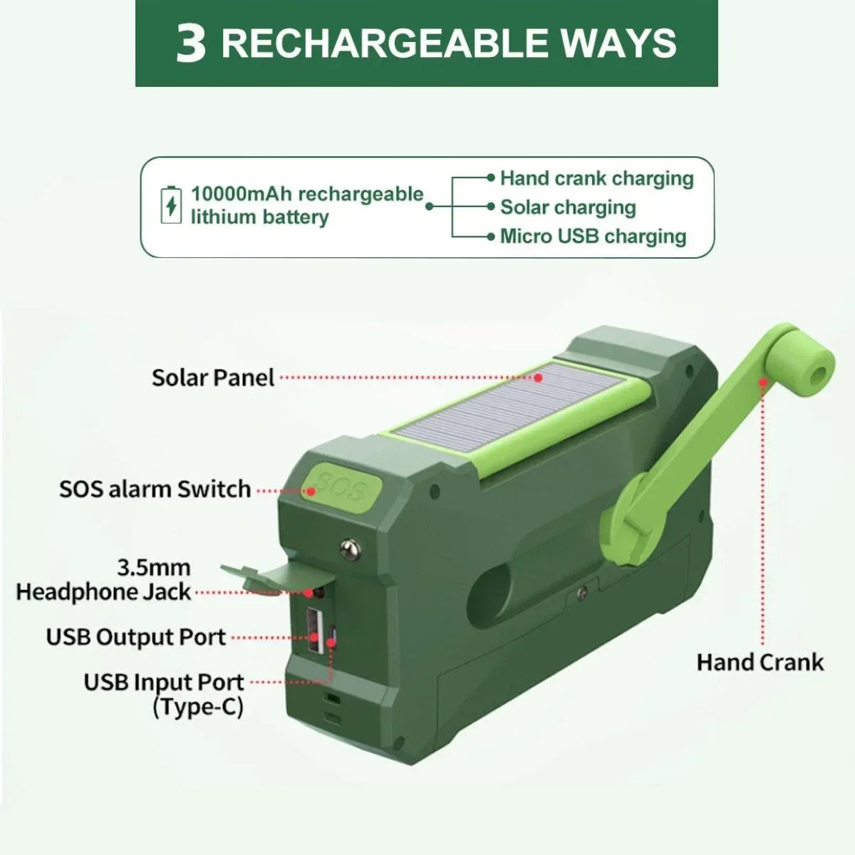 STONEGO 10000mAh Solar Hand Crank Emergency Radio AM FM NOAA