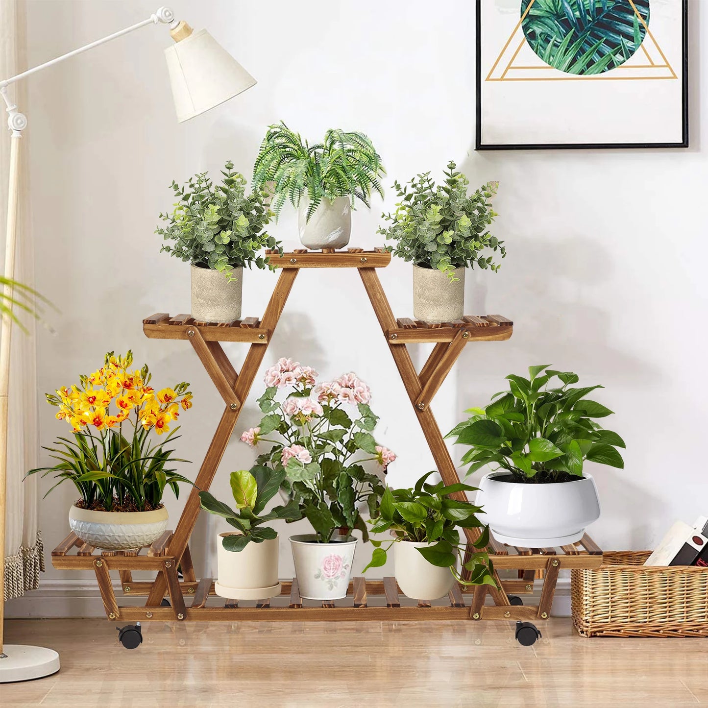 Triangular Six Pot Plant Shelf On Wheels Carbonized Wood Garden Plant Stand Display Rack-A