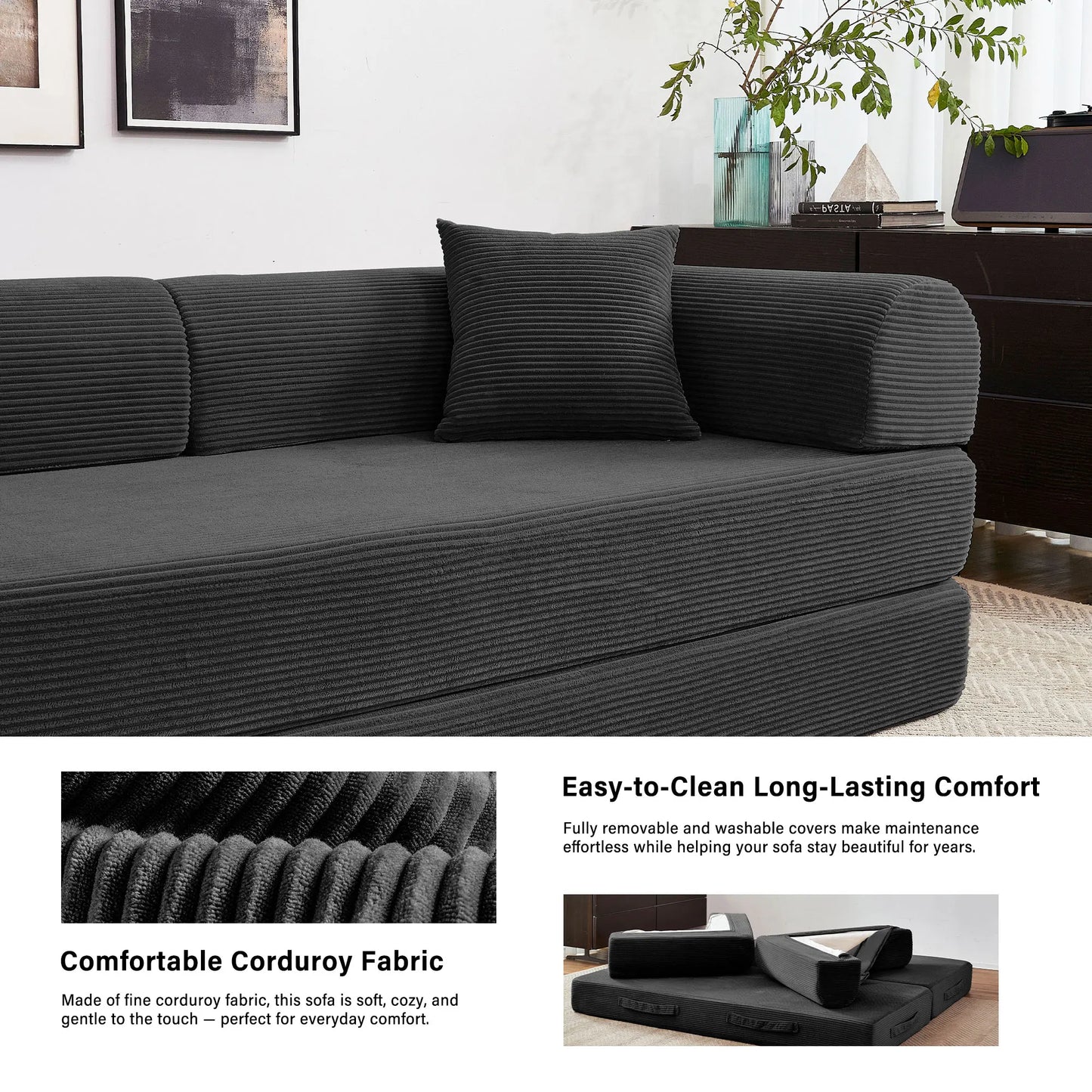 Foldable Convertible Futon Sofa Bed With L Shaped Armrests For Small Spaces Corduroy Upholstery High Density Foam-A
