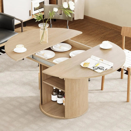 Extendable Round To Oval Dining Table With Hidden Storage Cabinet For Four To Six Guests Space Saving Modern Wood-A