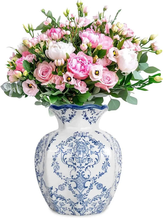 Handcrafted Chinoiserie Ceramic Hexagonal Vase Centerpiece