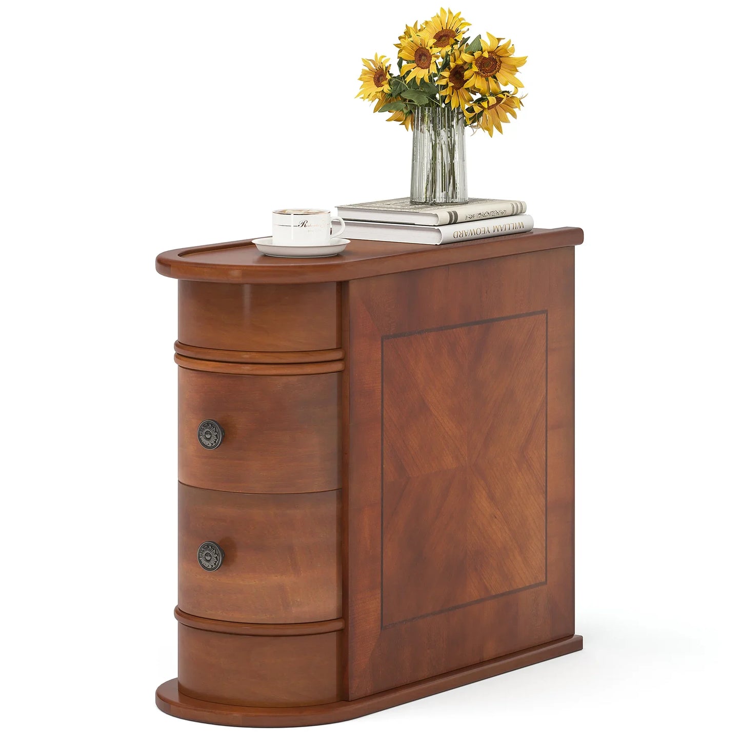 Tribesigns Round Solid Wood End Table With Two Sliding Drawers No Assembly Required Nightstand-A