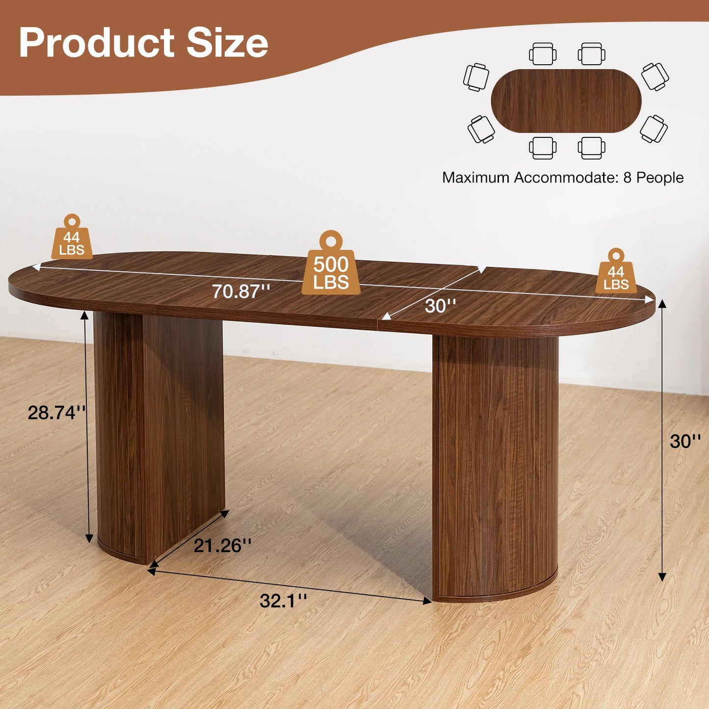 Walnut Finish Solid Wood Oval Dining Table With Semi Cylindrical Legs For Countryside Charm And Elegant Dining Room-A