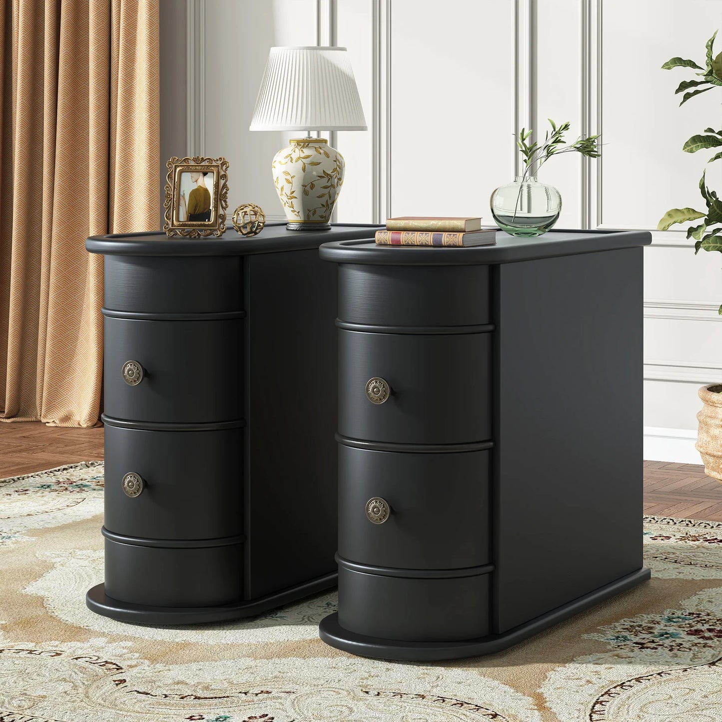 Tribesigns Round Solid Wood End Table With Two Sliding Drawers No Assembly Required Nightstand-A