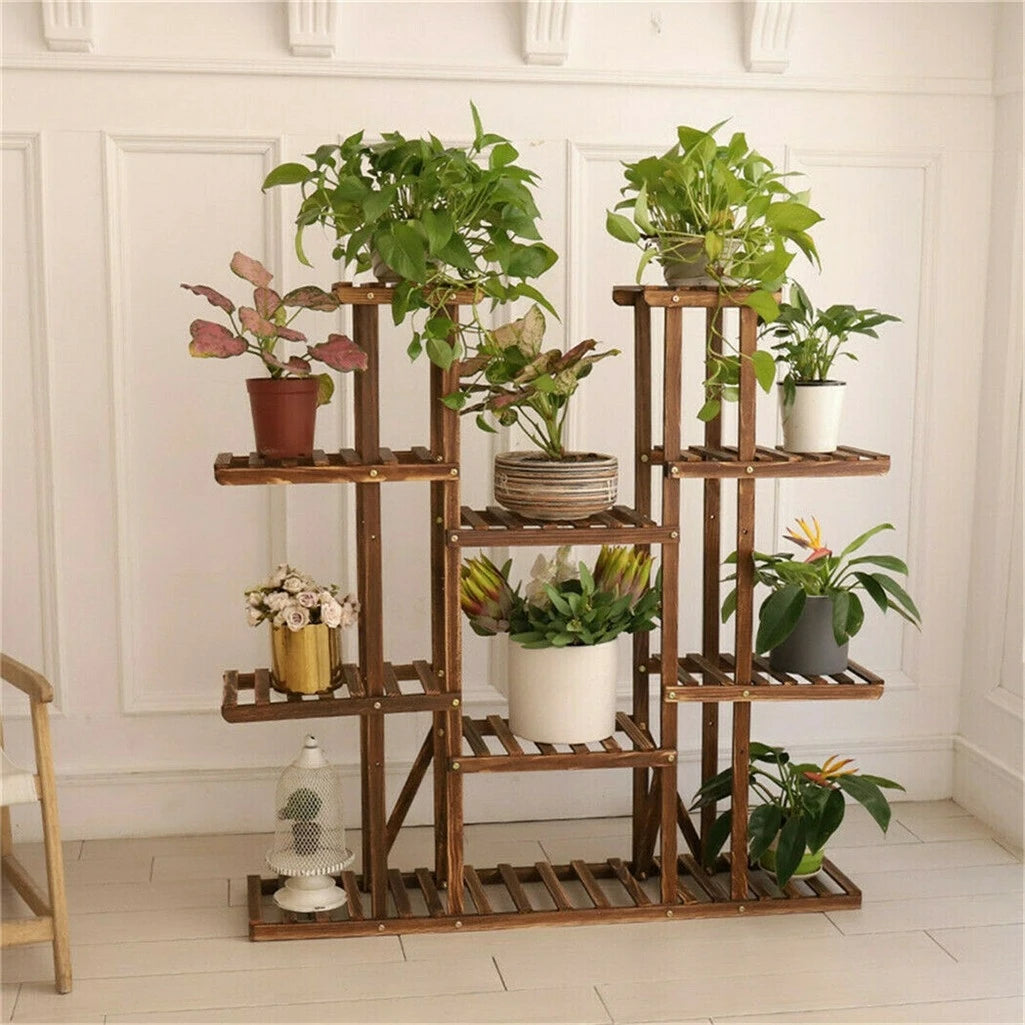 UNHO 46 Inch Multi Tier Plant Stand Wood Flower Rack 16 Pot Display Shelves Indoor Outdoor Patio Garden-A