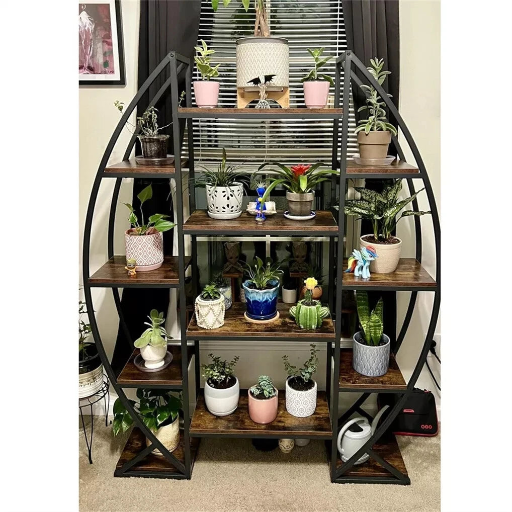 Wisfor Oval Bookshelf Plant Stand 5 Tier Etagere Half Moon Shaped Industrial Display Shelves For Living Room-A