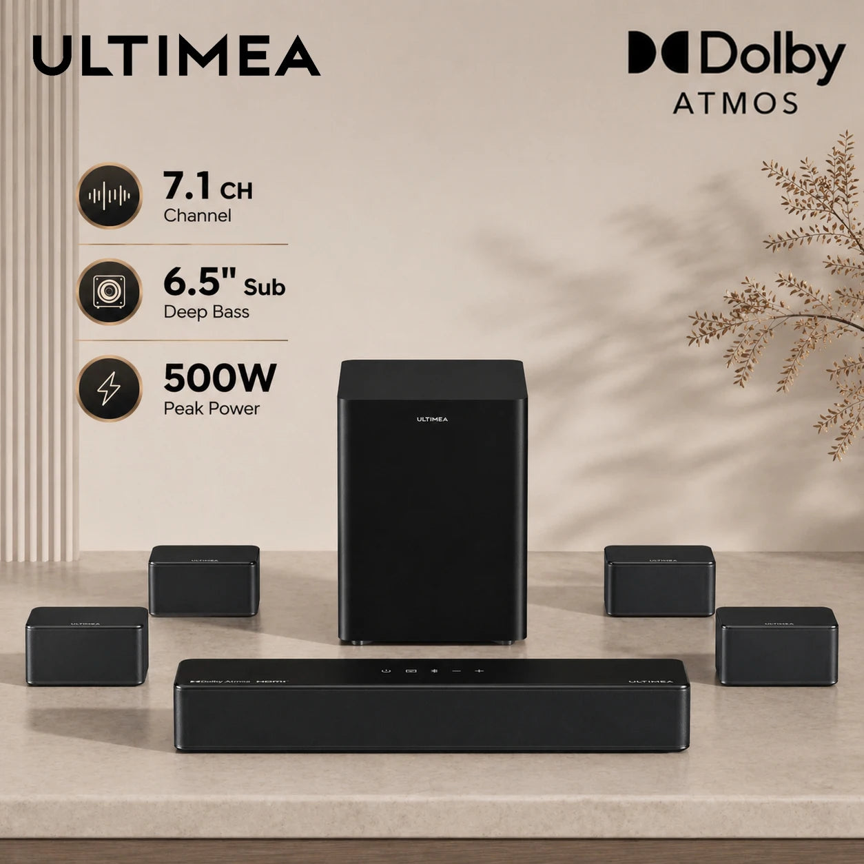 Ultimea Poseidon D80 Seven Point One Channel Dolby Atmos Soundbar With Wireless Subwoofer Immersive Room Filling Audio-A