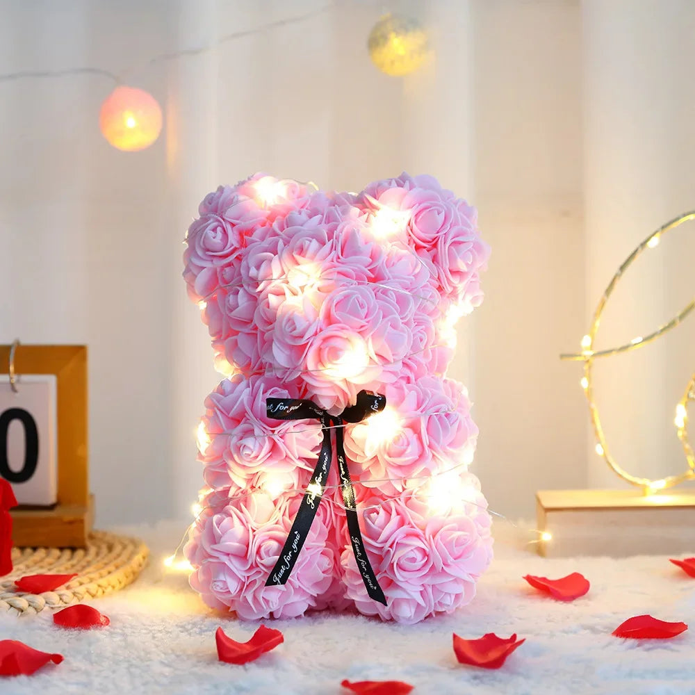 Artificial Teddy Rose Flower Bear With Box Eternal Rose Valentines Day Gift For Girlfriend-A