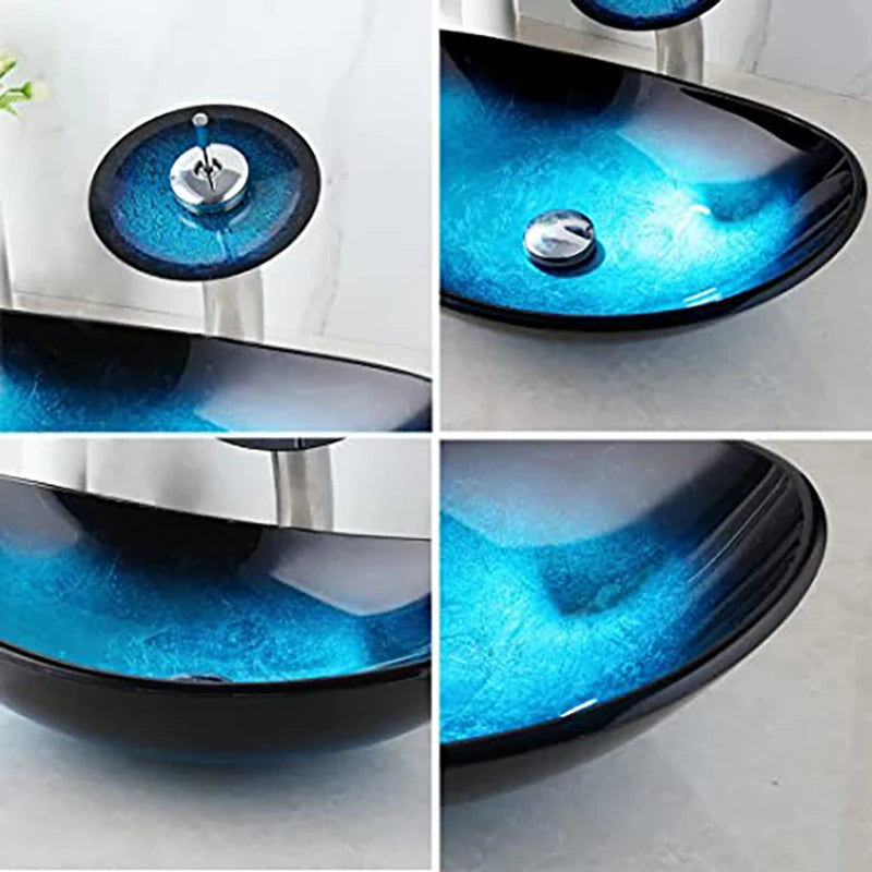 Blue Hand Painted Tempered Glass Oval Vessel Sink With Chrome Waterfall Faucet 21.6 Inch Long 14 Inch Wide-A