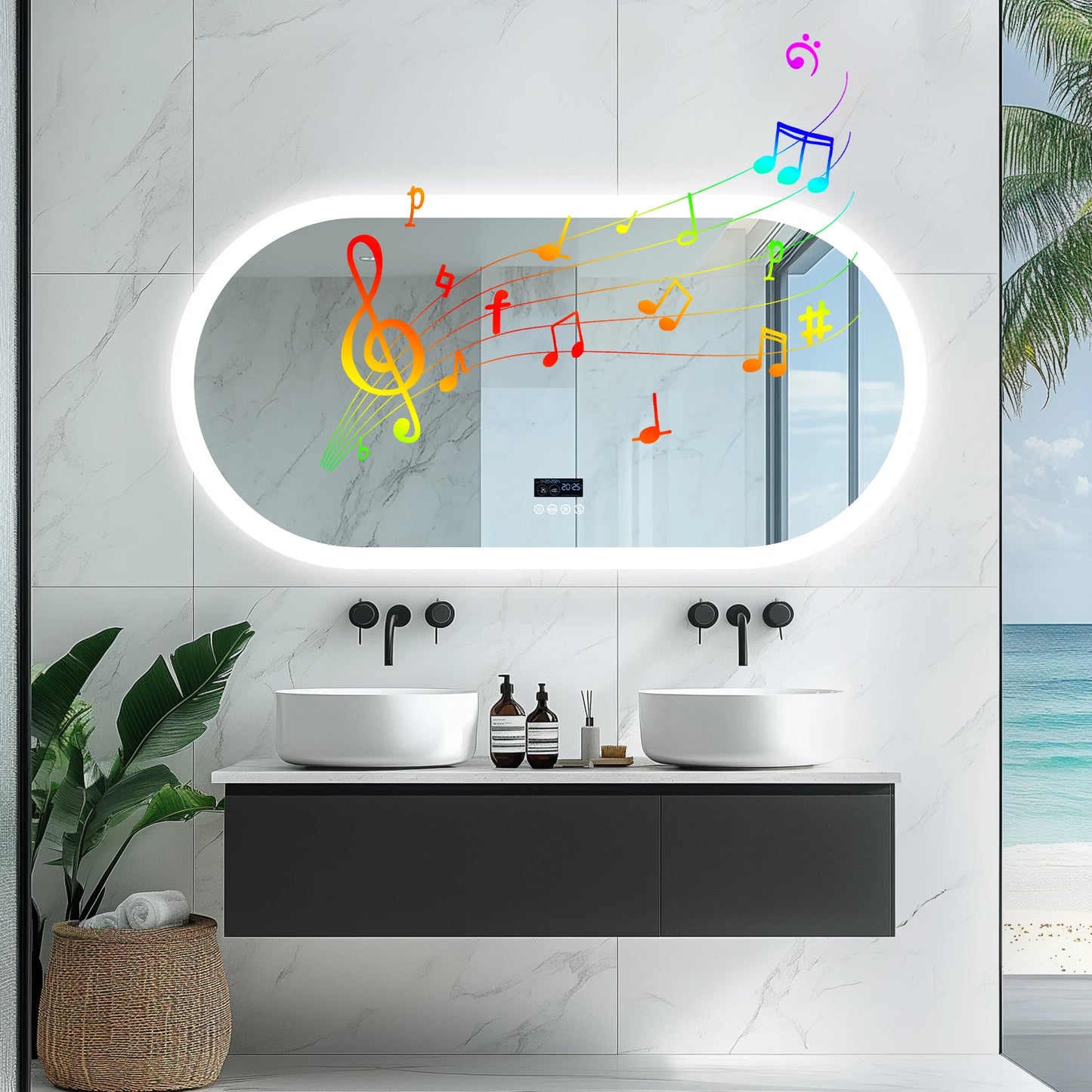 Oval LED Bathroom Mirror With Lights Anti Fog Bluetooth Speaker Dimmable 3 Color Temperature Levels Aluminum Frame-A