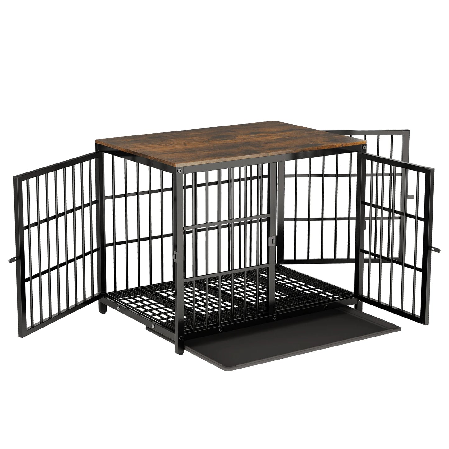Bingopaw Heavy Duty Dog Kennel End Table Crate With Three Doors Built From Iron And MDF With Wood Tone Top-A