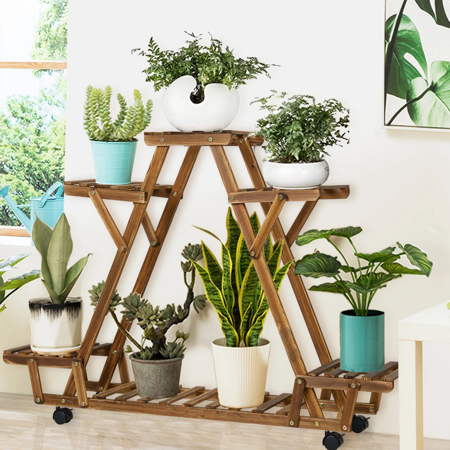 Triangular Six Pot Plant Shelf On Wheels Carbonized Wood Garden Plant Stand Display Rack-A