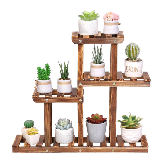 Carbonized Wood Plant Stand Four Tier Succulent Rack Mini Desktop Plant Holder for Outdoor Balcony Garden-A