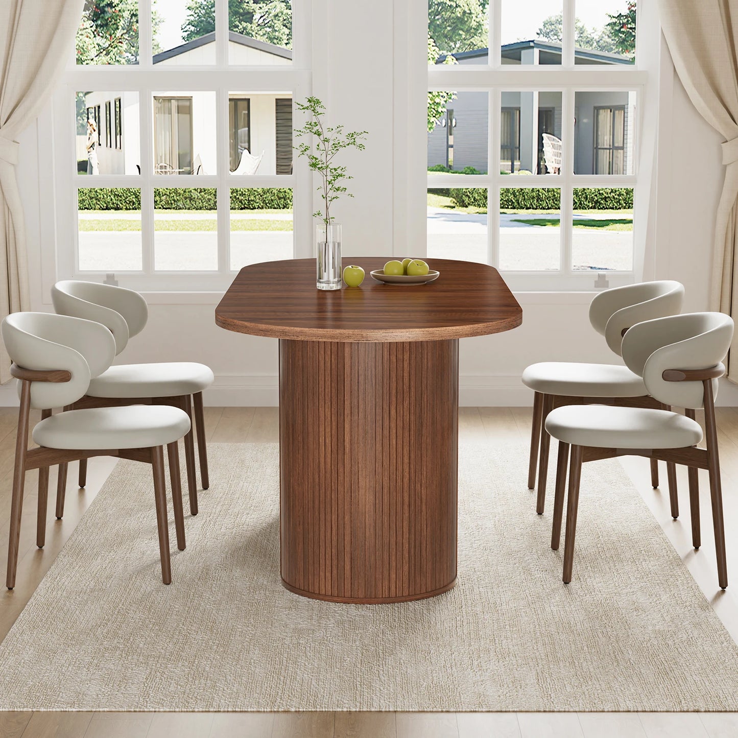 Walnut Finish Solid Wood Oval Dining Table With Semi Cylindrical Legs For Countryside Charm And Elegant Dining Room-A