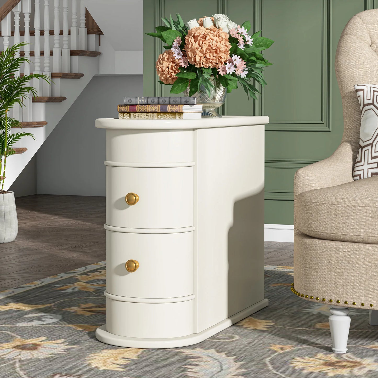 Tribesigns Round Solid Wood End Table With Two Sliding Drawers No Assembly Required Nightstand-A