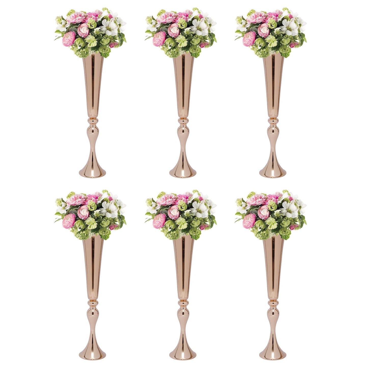 Six Piece Gold Trumpet Vase Set For Wedding Centerpieces Table Decor And Candle Holders-A