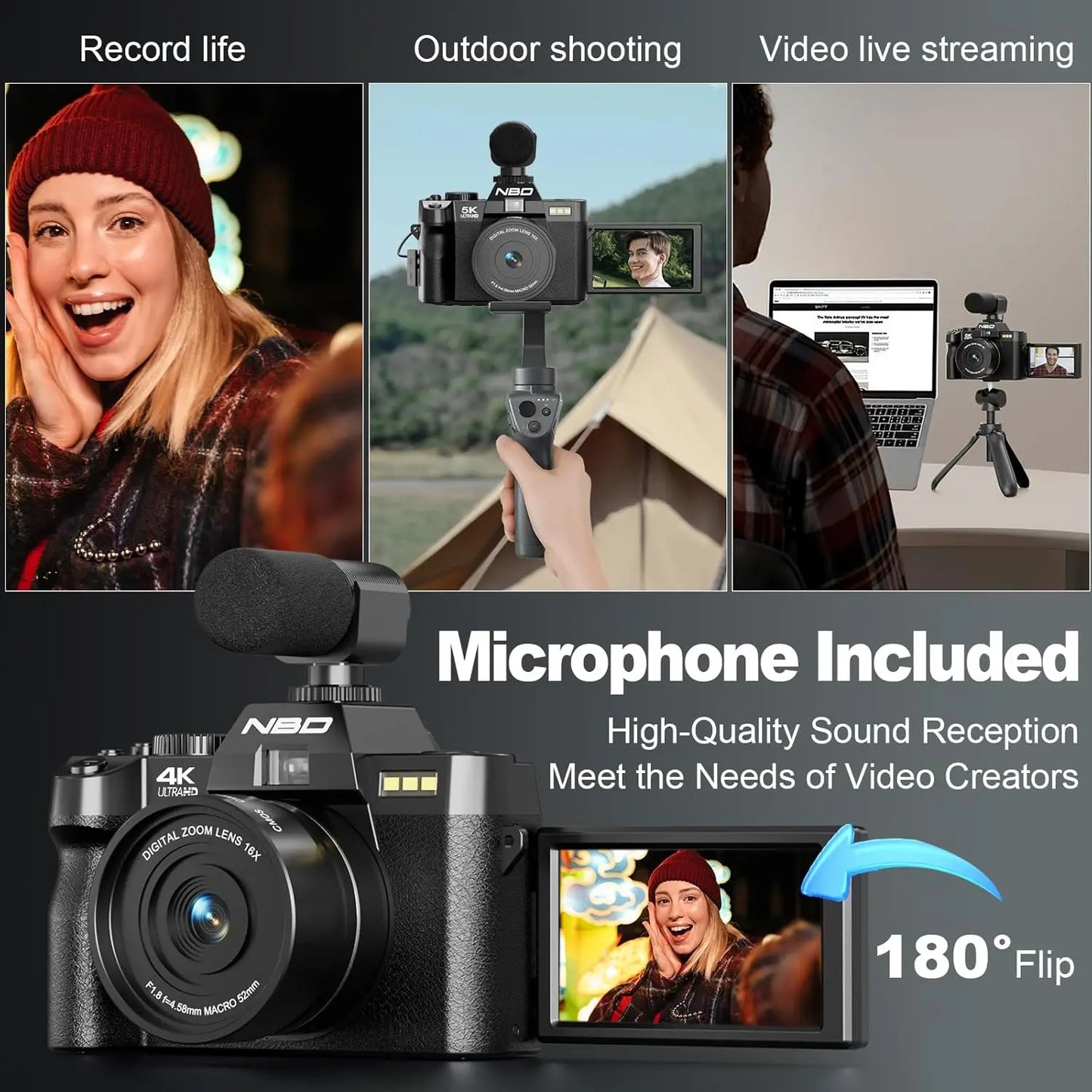 NBD 4K Digital Camera With 48MP Stills And 16X Optical Zoom For Vlogging And Adventure-A