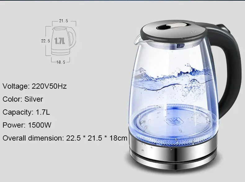 Diamri Cordless Glass Kettle 2L With LED Indicator Whisper Quiet Boil Borosilicate Glass Water Kettle-A