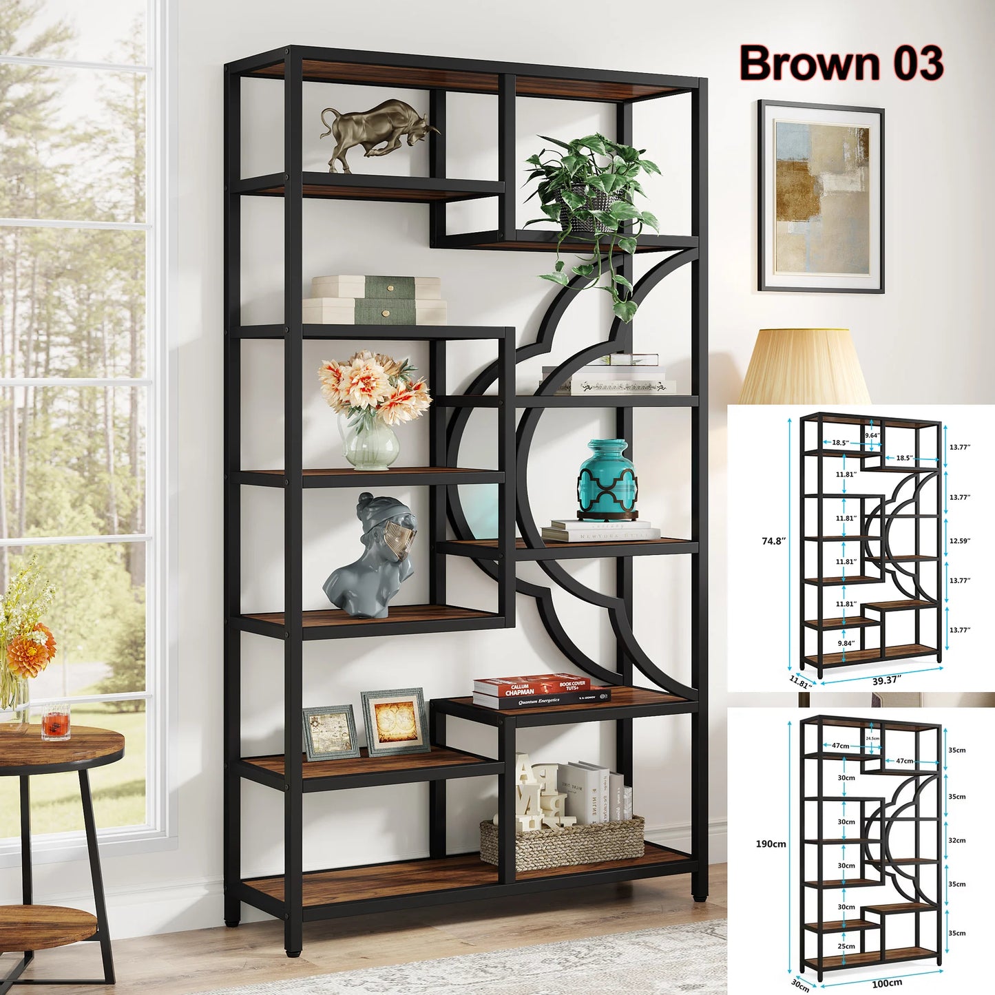 Tribesigns Industrial 5 Tier Etagere Bookcase Freestanding Shelf Black Iron Rustic Wood-A