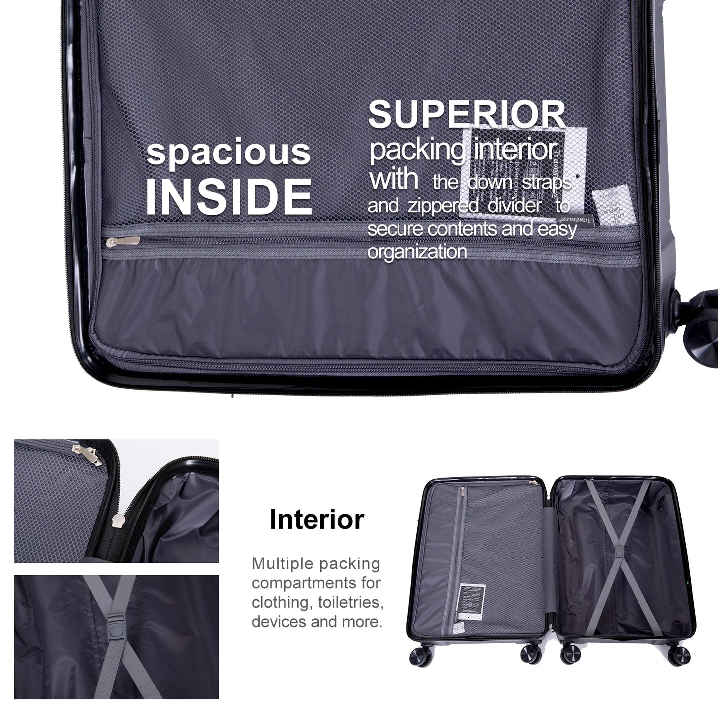 Travelhouse 3 Piece Hardshell Spinner Luggage Set with TSA Lock Durable Lightweight Suitcases for Carry On and Checked-A
