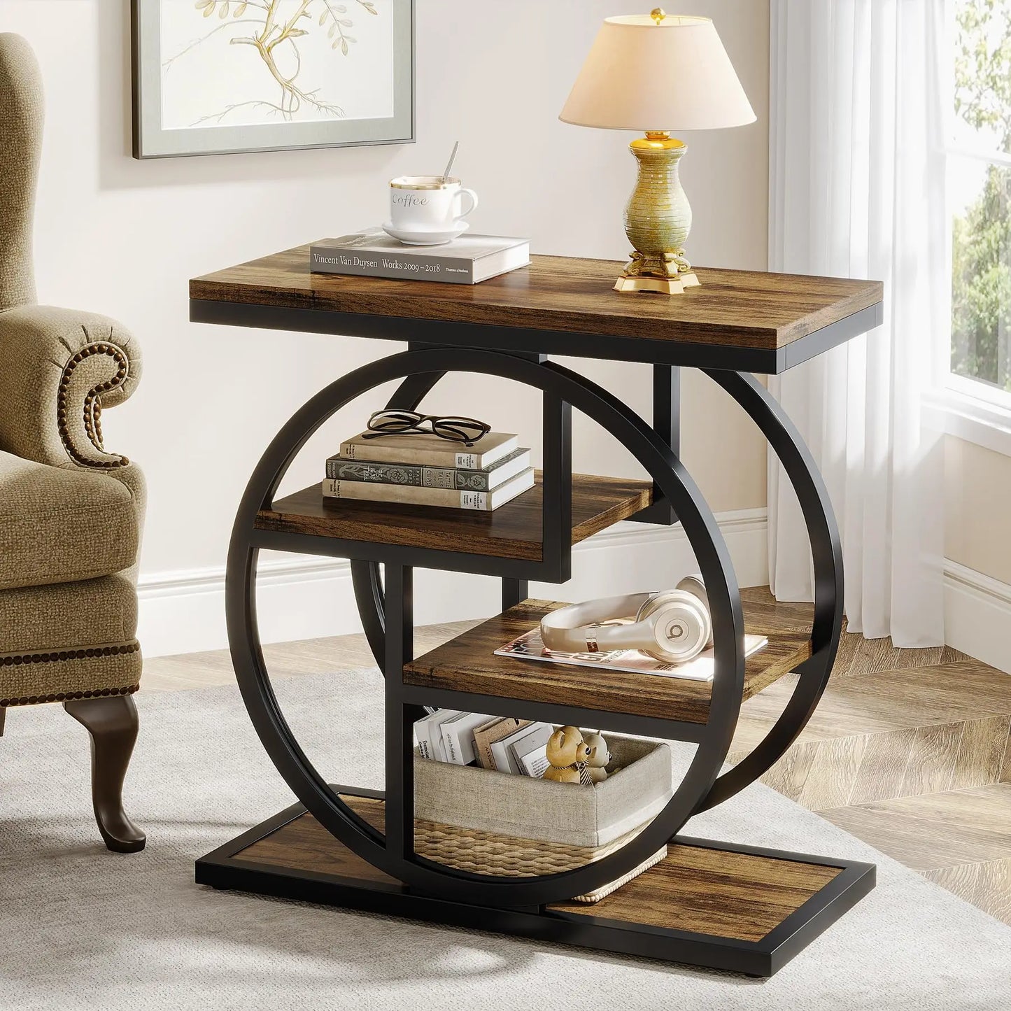 Tribesigns End Table With Storage Shelves For Living Room Industrial Rustic Compact Side Table-A