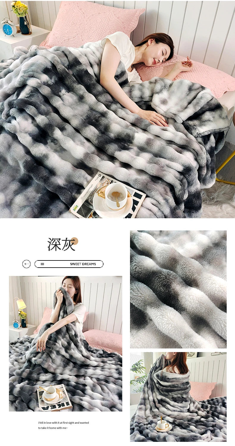 KDV Gradient Bubble Fleece Throw Blanket Plush Faux Rabbit Fur Knit Coral Fleece Texture-A