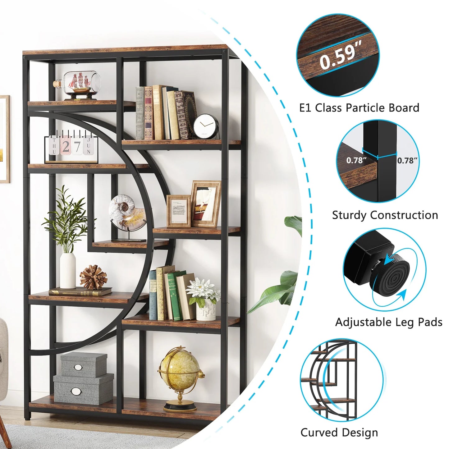 Tribesigns Industrial 5 Tier Etagere Bookcase Freestanding Shelf Black Iron Rustic Wood-A