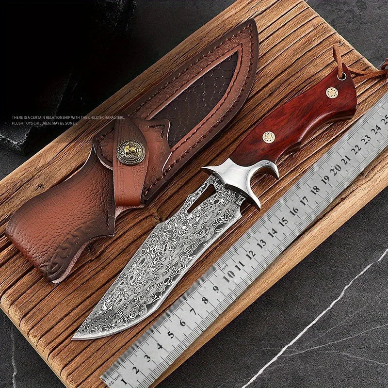 Stainless Steel Fixed Blade Knife With Wooden Handle And Leather Scabbard 14.5 cm Blade-A