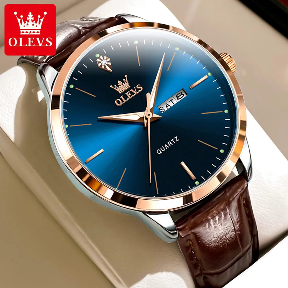 OLEVS Men Quartz Watch With Dual Calendar Auto Date Leather Strap Water Resistant Luminous Hands-A