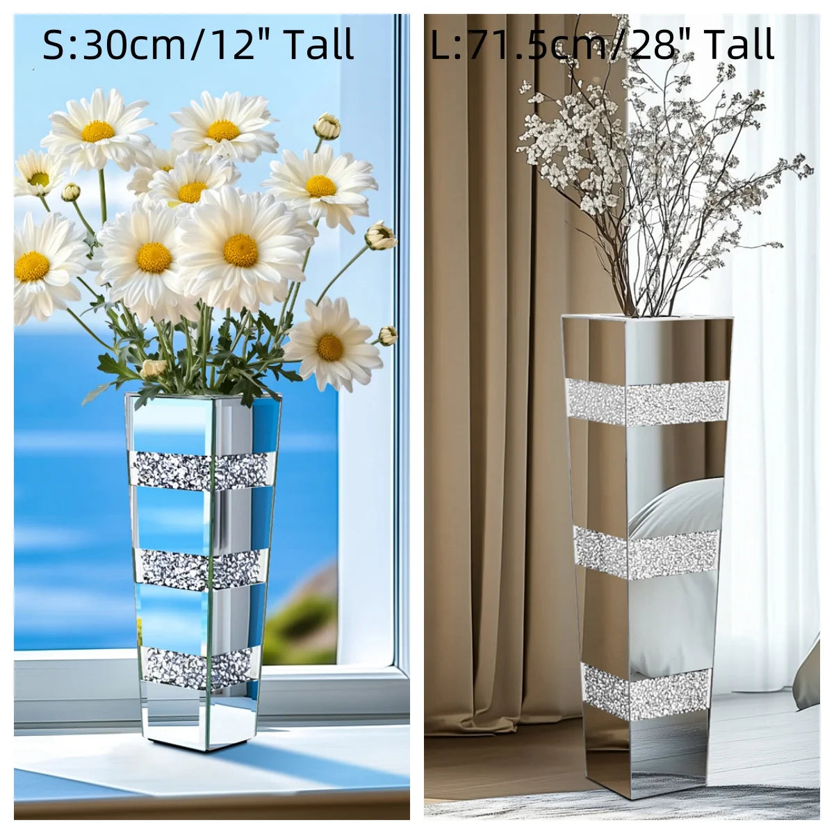 Modern Floor Vase With Crystal Glass Mirrored Stand And Two Piece Set For Elegant Floral Arrangements-A