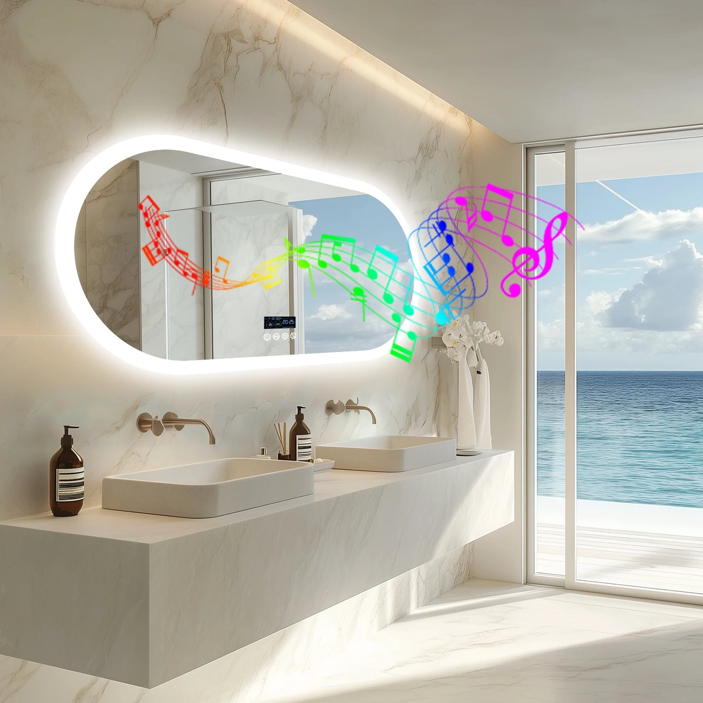 Oval LED Bathroom Mirror With Lights Anti Fog Bluetooth Speaker Dimmable 3 Color Temperature Levels Aluminum Frame-A