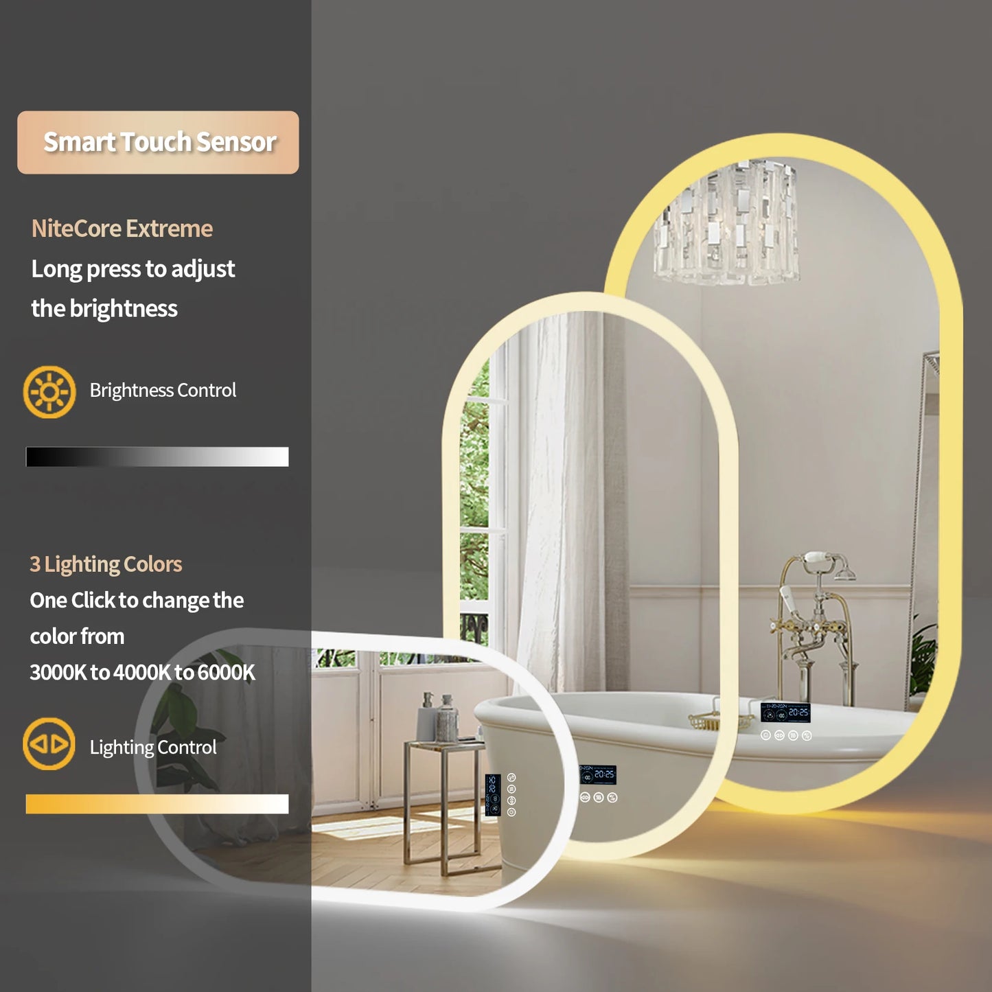 Oval LED Bathroom Mirror With Lights Anti Fog Bluetooth Speaker Dimmable 3 Color Temperature Levels Aluminum Frame-A
