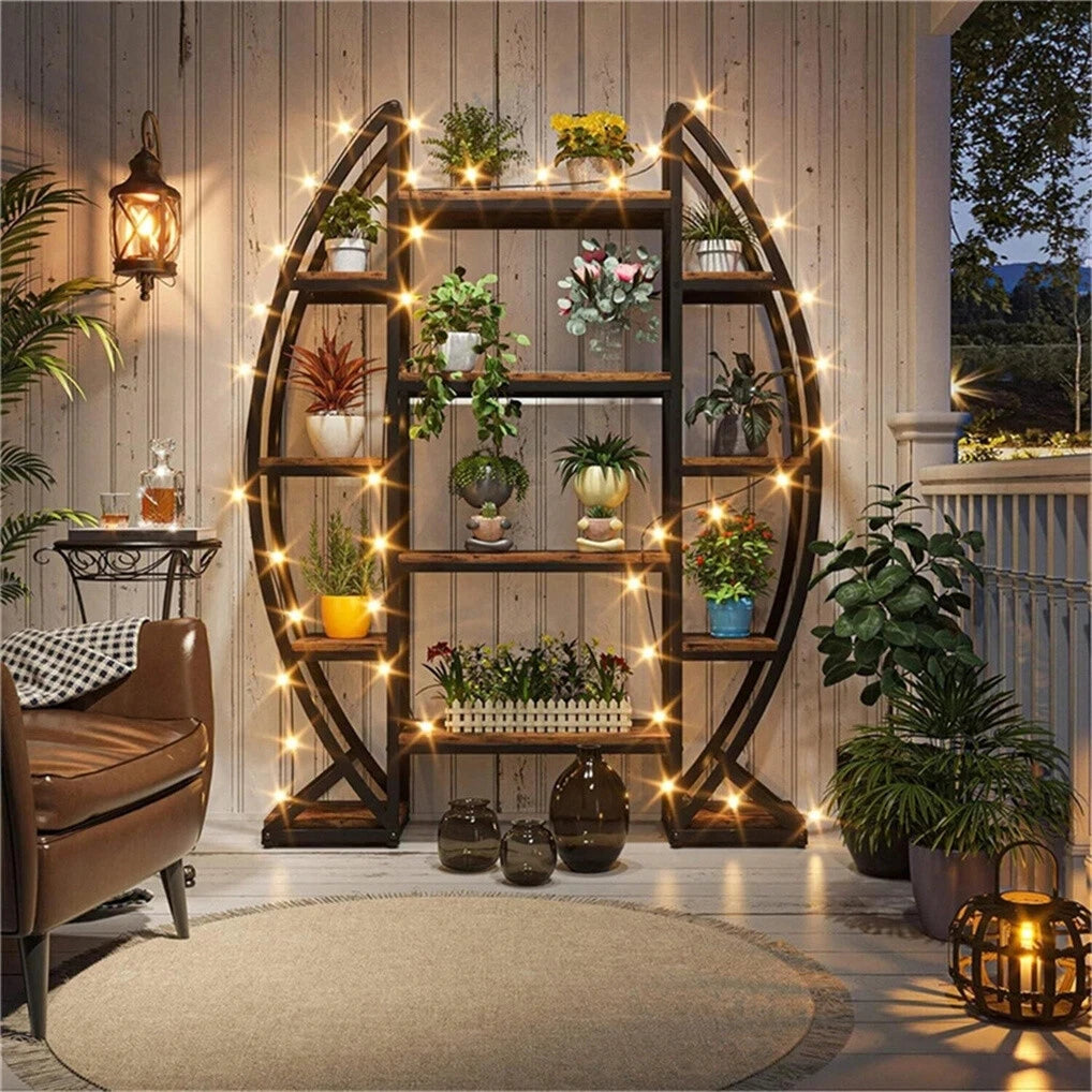 Wisfor Oval Bookshelf Plant Stand 5 Tier Etagere Half Moon Shaped Industrial Display Shelves For Living Room-A