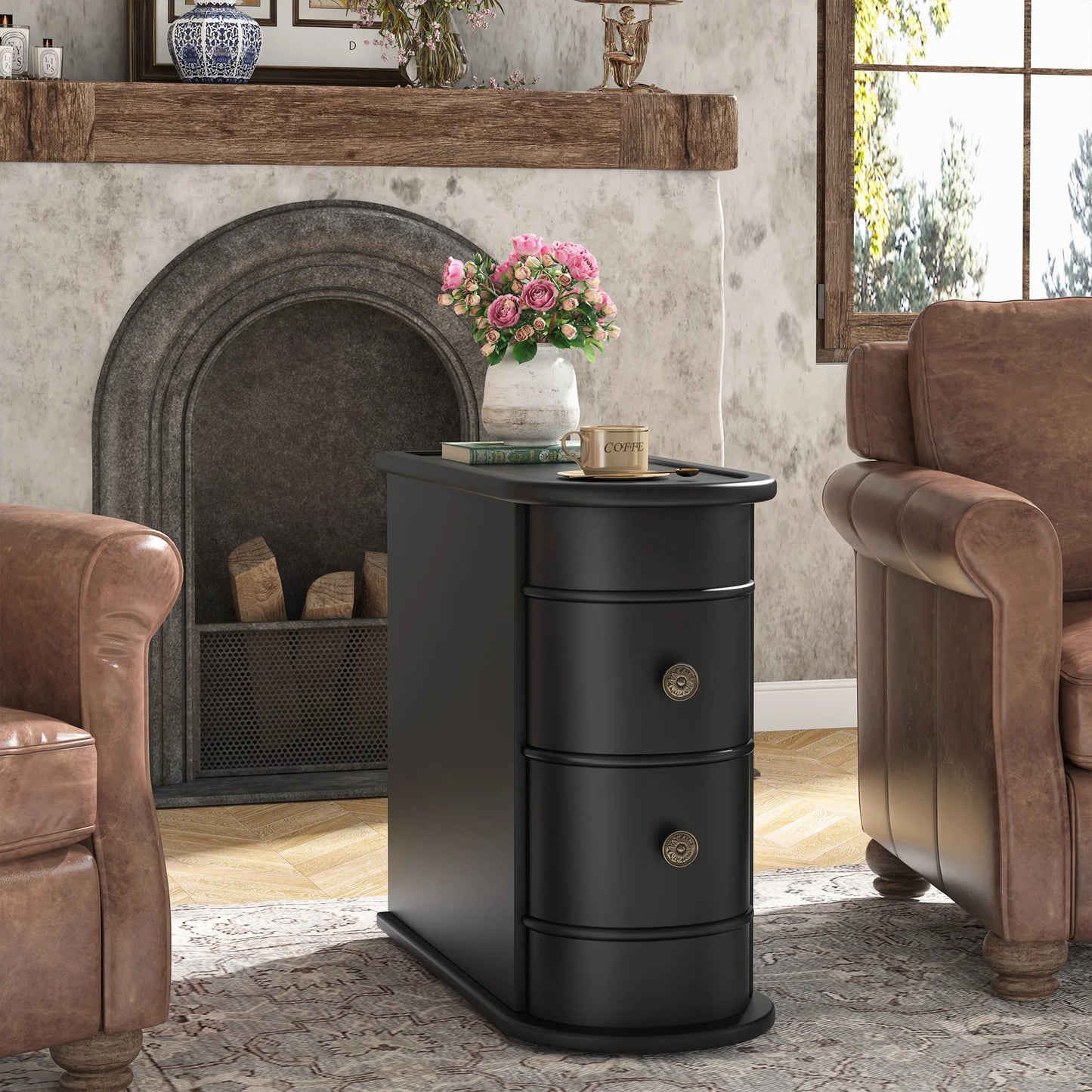 Tribesigns Round Solid Wood End Table With Two Sliding Drawers No Assembly Required Nightstand-A