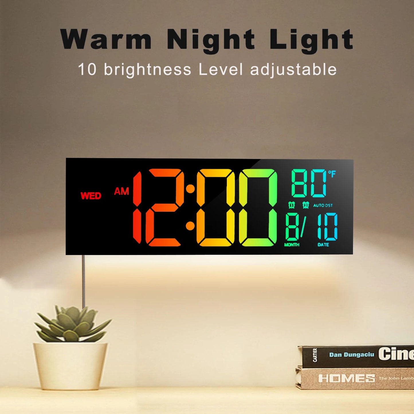 Digital Wall Clock With Large LED Display And Remote 16 Inch 9 Color Modes Night Light For Living Room-A